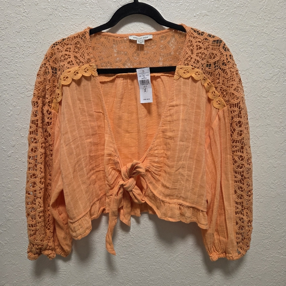 American Eagle Outfitters Orange Crochet Sleeve Tie-Front Shrug
